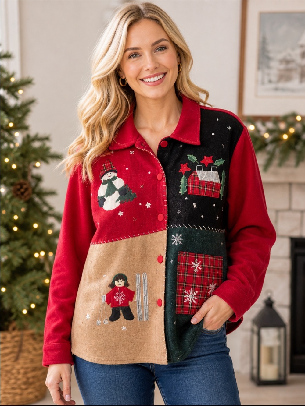 Take Two Womens XL Red Holiday Wool Blend Nostalgic Appliqué Embroidered
